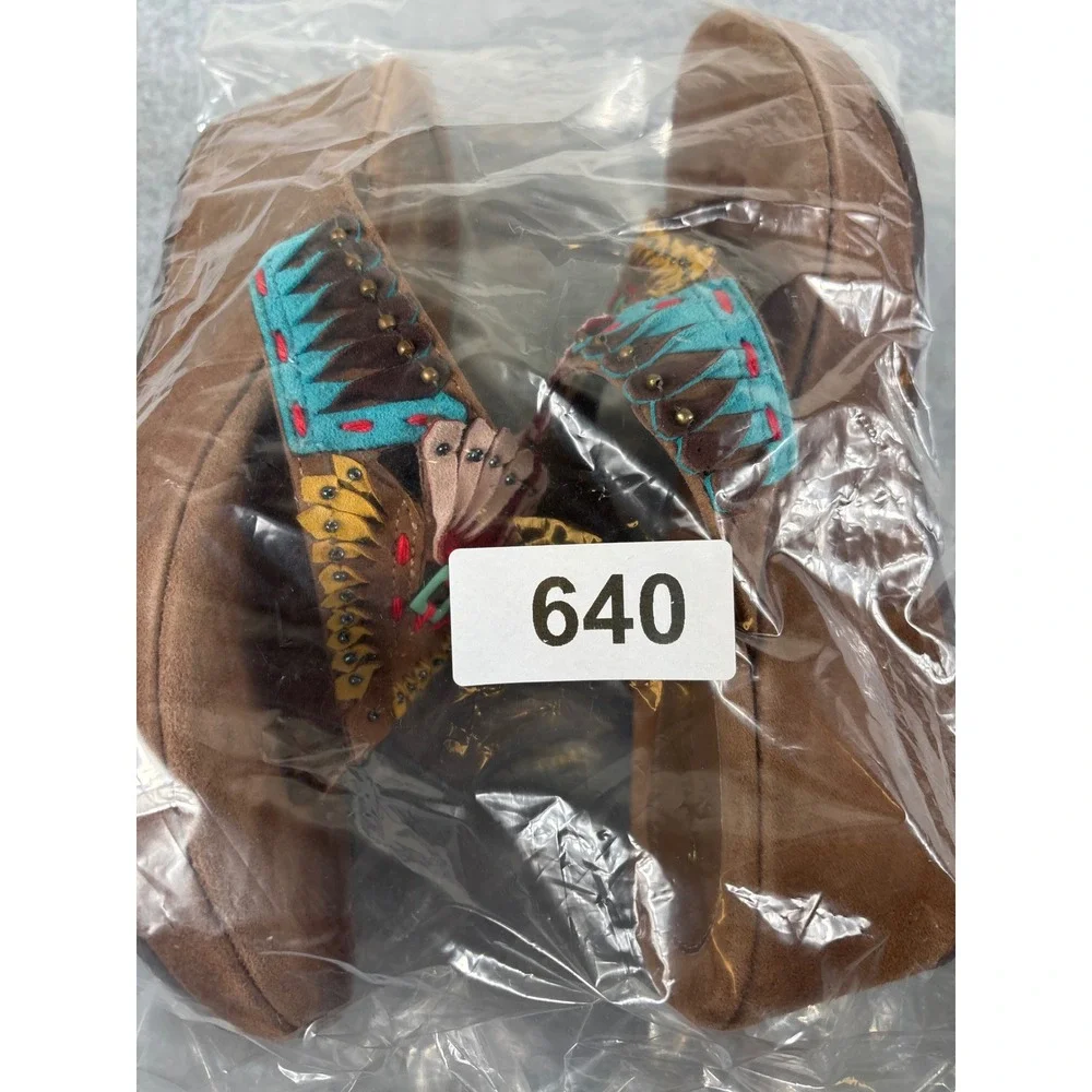 Azura Women Size 38 Brown Suede Colorful Embroidered Boho Wedge Platform Sandals
